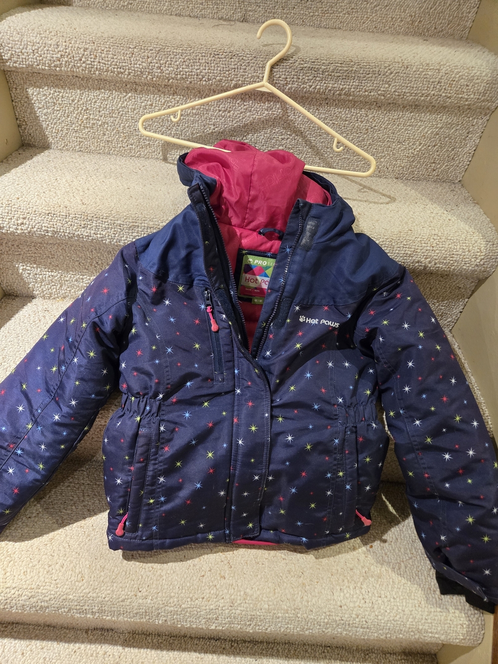 Girls' Navy Star Print Puffer Jacket with Pink Hood